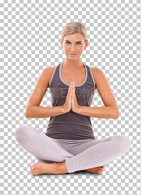 Yoga meditation, pilates and portrait of woman meditate for spiritual soul aura or chakra energy healing. Namaste, zen mindset peace and relax mindfulness on an isolated, transparent png background