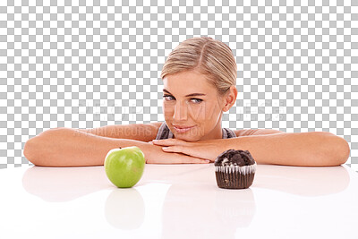 Woman, diet and choose with apple, muffin and unsure girl on an isolated, transparent png background. Female, lady and decide between fruit, chocolate dessert or snack for lunch, thinking or choice