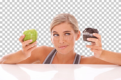 Woman, decision and choice for cupcake, apple and girl on an isolated and transparent png background. Female lady and healthy lifestyle with dessert, fruit and snack for lunch, eating and thinking