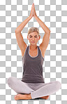 Yoga meditation, pilates and relax woman meditate for spiritual soul aura or chakra energy healing. Zen mindfulness, mindset peace and fitness model workout on an isolated, transparent png background