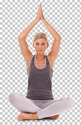 Buy stock photo Yoga, fitness and mindfulness, woman in sitting pose for meditation, health spiritual wellness and chakra healing. Zen, peace and exercise, girl isolated on transparent png background to meditate.