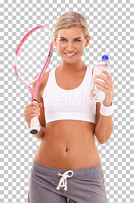 Buy stock photo Tennis, sports and portrait of woman with racket on isolated, png and transparent background with smile. Fitness, happy and female athlete with water bottle ready for exercise, training and game