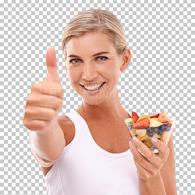 Diet, fruit salad and portrait of woman with thumbs up, eating healthy and happy on an isolated and transparent png background. Health, wellness and nutrition, girl with food and yes hand gesture