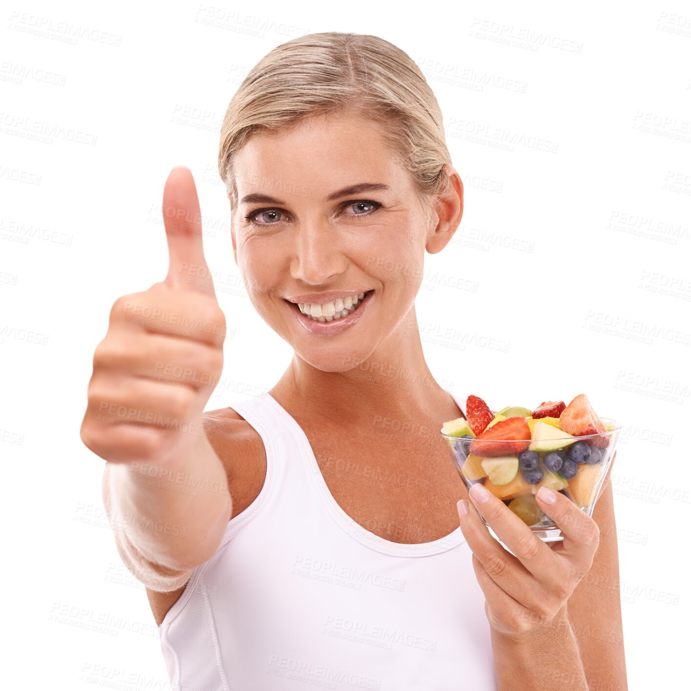 Buy stock photo Diet, fruit and portrait of woman with thumbs up, eating healthy salad and happy person isolated on transparent png background. Health, wellness and nutrition, girl with food and yes hand gesture