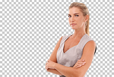 Business, portrait and woman with crossed arms on an isolated and transparent png background with a classy corporate outfit. Success, professional and face of a young female model with leadership