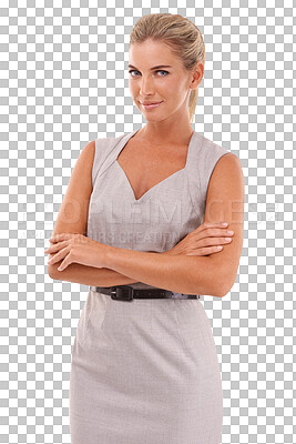 Business, fashion and portrait of a woman on an isolated and transparent png background with crossed arms and a classy corporate outfit. Success and young female model from Canada with leadership