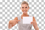 Business, mockup and portrait of woman pointing, smile and marketing manager on an isolated, transparent png background. Entrepreneur, boss and employee with brand development, advertising and poster