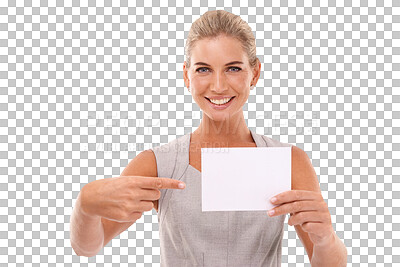 Buy stock photo Business, mockup and portrait of woman pointing, smile and marketing manager. Entrepreneur, boss and employee with brand sign, advertising and blank poster isolated on a transparent png background