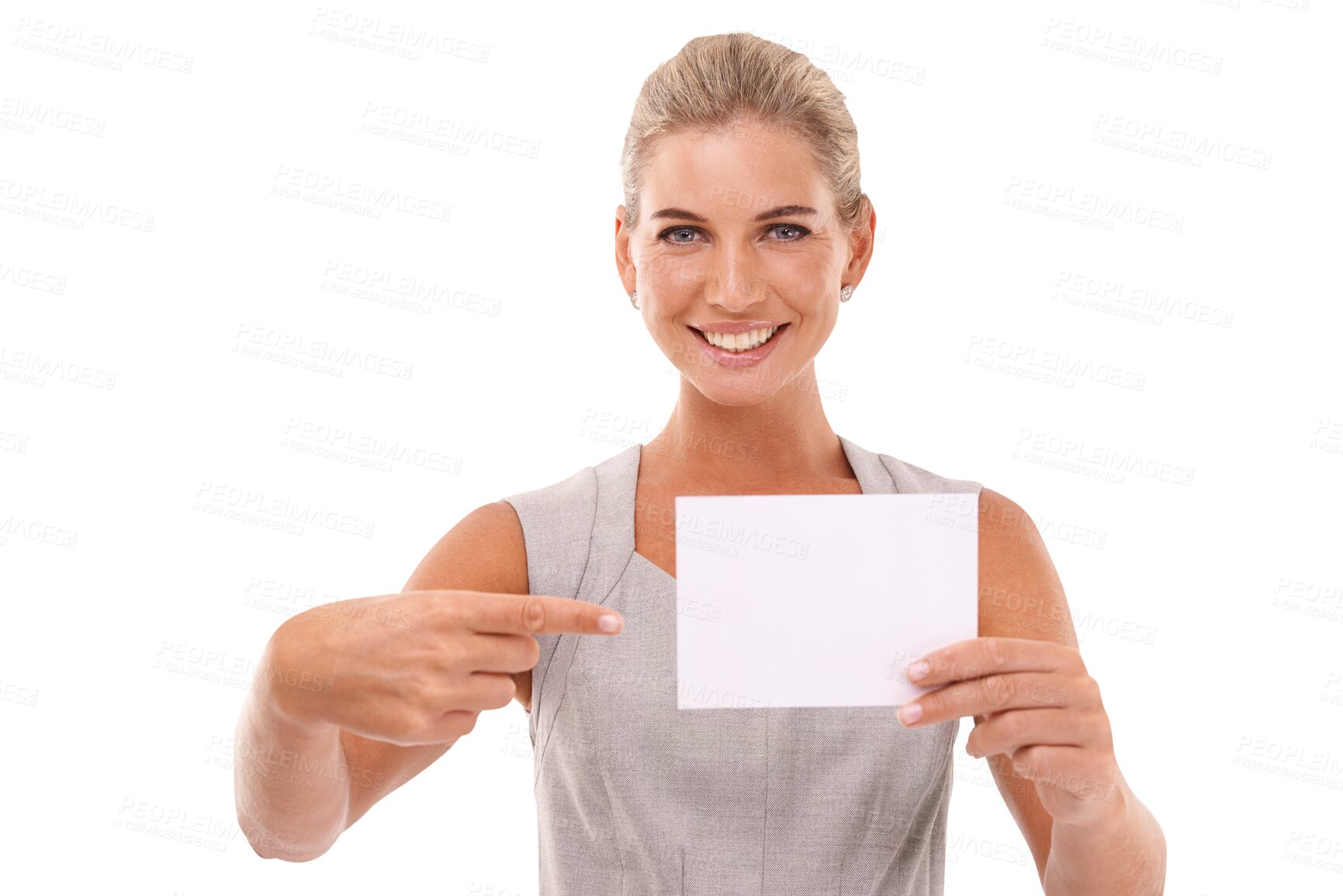 Buy stock photo Business, mockup and portrait of woman pointing, smile and marketing manager. Entrepreneur, boss and employee with brand sign, advertising and blank poster isolated on a transparent png background