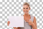 Placard mockup, portrait and woman with marketing poster, advertising banner or product placement space. Billboard mock up, corporate promo sign and pointing on a isolated, transparent png background
