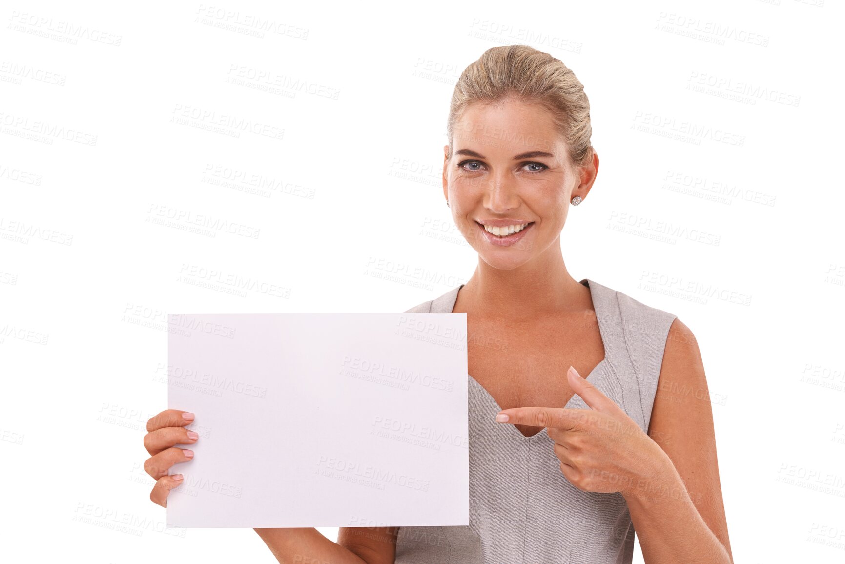 Buy stock photo Woman is pointing to poster, marketing and smile in portrait, brand promo isolated on png transparent background. Banner, mockup and sign for advertising with female model, branding and presentation