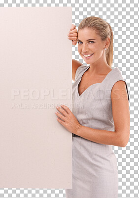 Mockup, portrait and woman with sign, placard or billboard for marketing, advertising or product placement. Poster, banner space and sales promotion mock up on an isolated, transparent png background