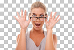 Shock, surprise and portrait of a woman with glasses ion an isolated and transparent png background with a omg, wow or wtf facial expression. Shocked, excited and smart female model with spectacles