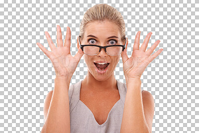 Shock, surprise and portrait of a woman with glasses ion an isolated and transparent png background with a omg, wow or wtf facial expression. Shocked, excited and smart female model with spectacles