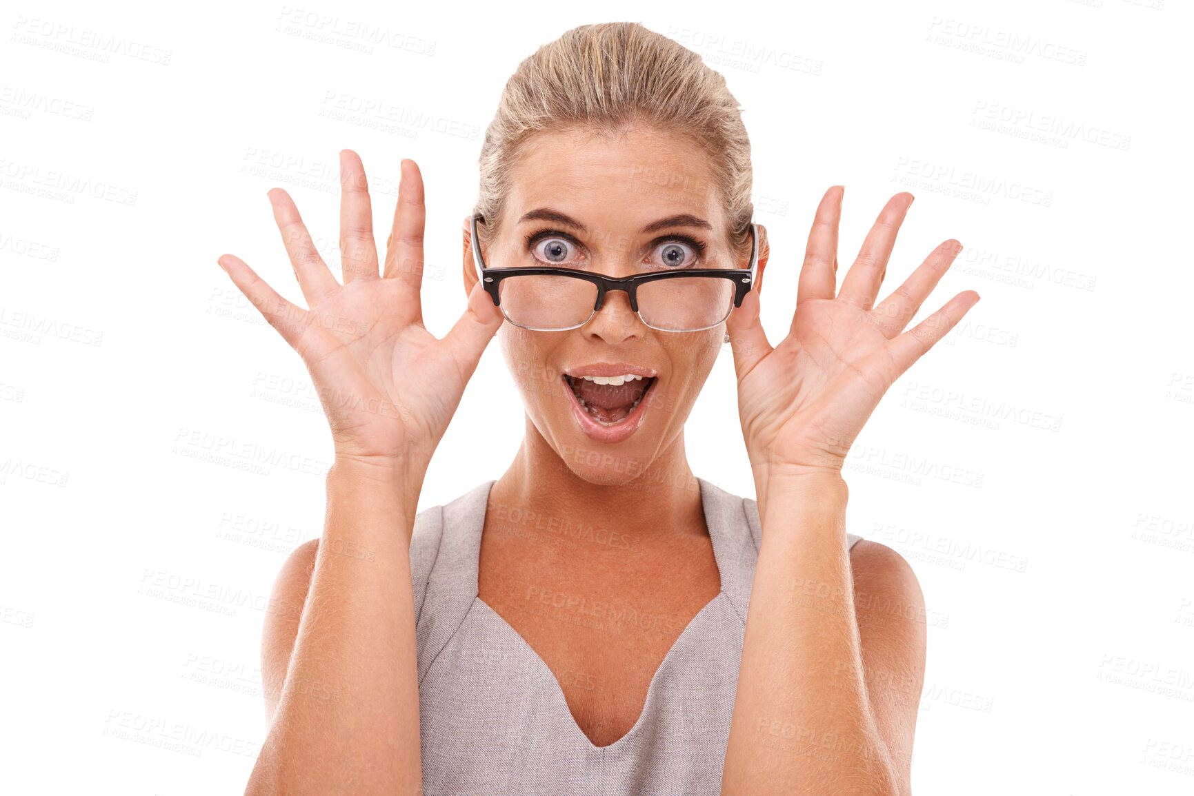 Buy stock photo Portrait, surprise and woman with glasses, wow and shocked lady isolated against a transparent background. Face, female person or model with eyewear, shock  omg with announcement, good news and png