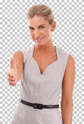 Portrait, business woman and handshake on an isolated, transparent png background. Face, greeting and female employee shaking hands for deal, agreement or contract, onboarding or welcome introduction