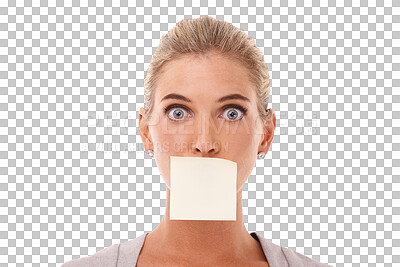 Sticky note, wow and shocked face of woman with covered mouth on an isolated and transparent png background. Portrait of surprised, alert and censored corporate female or entrepreneur