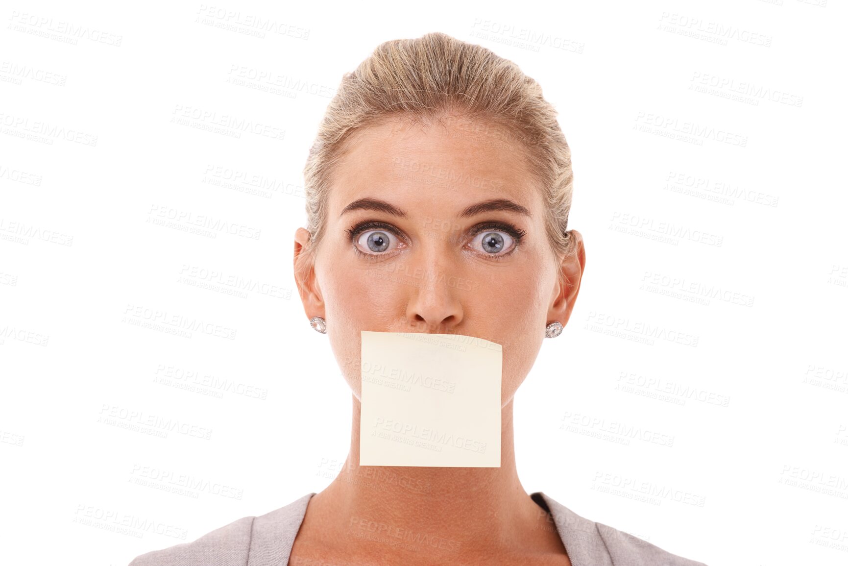 Buy stock photo Alert, surprised and wow in portrait with female person in isolated transparent png background with secret. Censored, woman and shocked face with a covered mouth with entrepreneur or worker.

