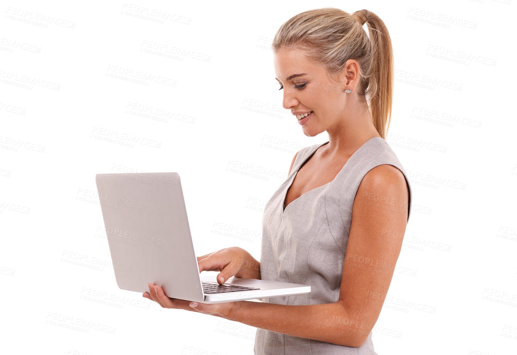 Buy stock photo Technology, woman with laptop and isolated against a png transparent background with a smile. Social networking or connectivity, typing or writing and businesswoman with online communication.