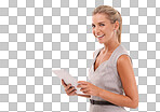 Portrait, business woman and tablet on an isolated and transparent png background. Happy worker, professional female model and digital technology for corporate management, internet and web