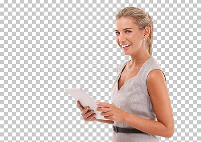 Portrait, business woman and tablet on an isolated and transparent png background. Happy worker, professional female model and digital technology for corporate management, internet and web