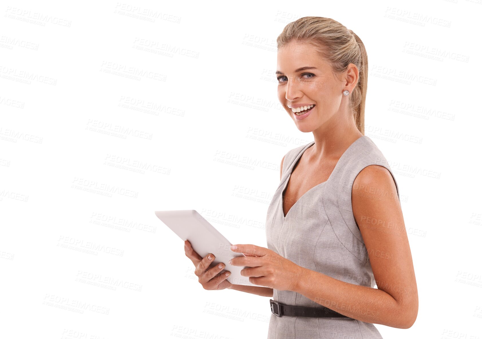 Buy stock photo Professional, woman and tablet with portrait for isolated and transparent for career for marketing in network. Business, female model and research on digital screen for proposal and png background.