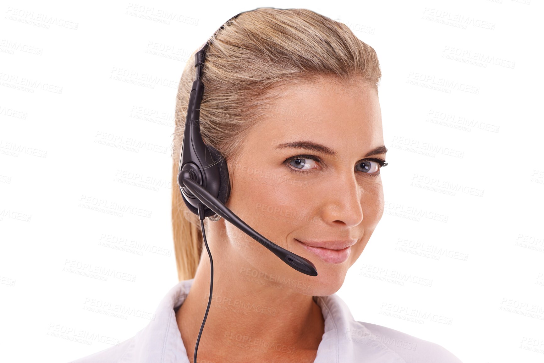 Buy stock photo Call center, face portrait and woman consulting for customer service isolated on a transparent png background. Telemarketing, contact us and female person, sales agent or consultant with headset.