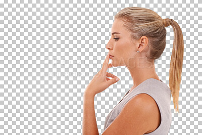 Buy stock photo Thinking, profile and business woman with idea, corporate plan or strategy in problem solving decision. Professional vision, silence and model face in doubt isolated on a transparent png background