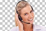 Call center smile, face portrait and woman consulting on contact us, crm support or telemarketing. Telecom, customer service communication or consultant on an isolated, transparent png background