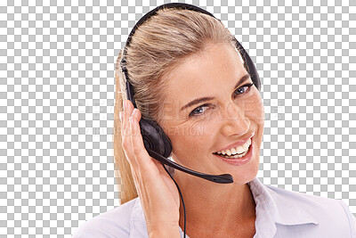 Call center smile, face portrait and woman consulting on contact us, crm support or telemarketing. Telecom, customer service communication or consultant on an isolated, transparent png background