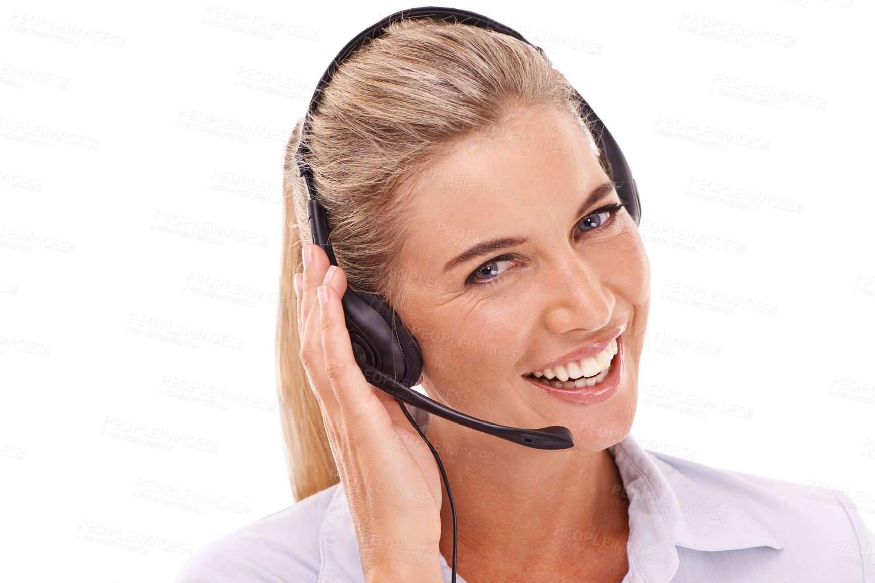 Buy stock photo Call center, face portrait and smile of woman in customer service isolated on a transparent png background. Telemarketing, contact us and female person, sales agent or consultant with headphones.