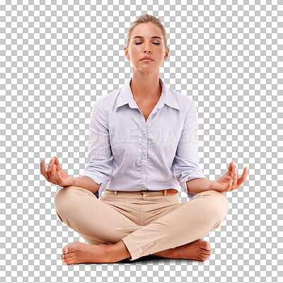 Yoga meditation, relax and business woman with work stress relief, spiritual mental health or chakra healing. Lotus, zen mindset peace and girl mindfulness on an isolated, transparent png background
