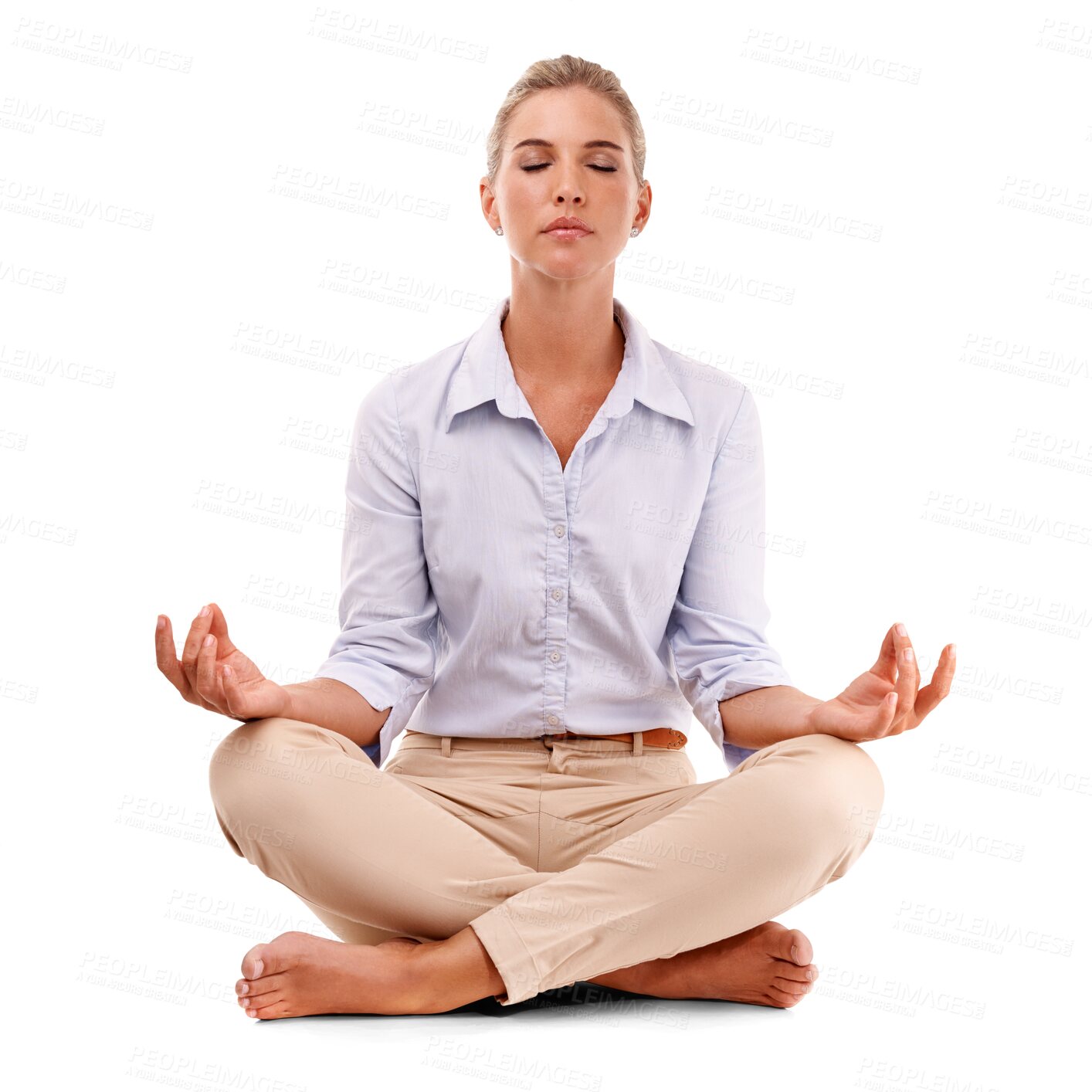 Buy stock photo Yoga, peace and business woman in lotus pose for meditation, health spiritual wellness and chakra energy healing. Zen, mindfulness and girl isolated on transparent png background to meditate at work.