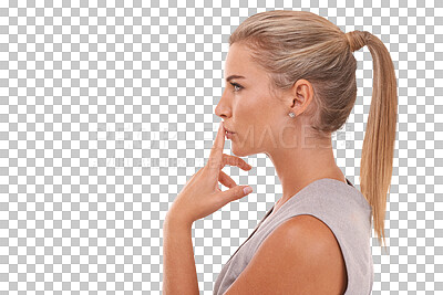 Thinking, profile and business woman or worker contemplate idea, corporate plan or marketing strategy. Professional vision, silence and model face on an isolated and transparent png background