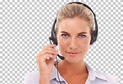 Telemarketing communication, face portrait or woman consulting on contact us, CRM support or call center. Telecom, customer service or consultant on an isolated, transparent png background