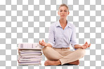 Yoga, documents and business woman meditation for work stress relief, mental health peace or chakra healing. Paperwork pile, relax zen mindset or mindfulness on a isolated, transparent png background