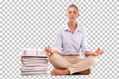 Buy stock photo Yoga, meditation and businesswoman with paperwork, lotus pose for anxiety and stress management. Zen, mindfulness and woman isolated on transparent png background sitting to meditate at work deadline