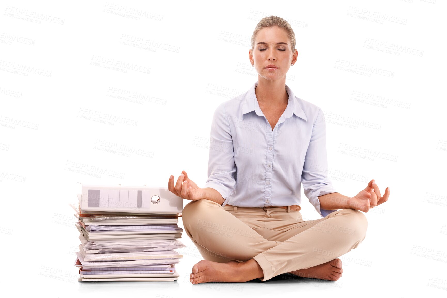 Buy stock photo Yoga, meditation and businesswoman with paperwork, lotus pose for anxiety and stress management. Zen, mindfulness and woman isolated on transparent png background sitting to meditate at work deadline