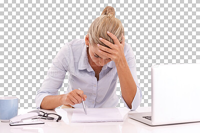 Mental health, frustrated and business woman stress over crypto investment crisis, stock market crash or finance loss. Accounting problem for an accountant on an isolated, transparent png background