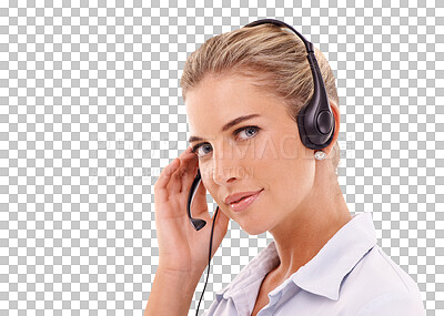 Telemarketing communication, face portrait or woman consulting on contact us, CRM support or call center. Telecom, customer service or consultant on an isolated, transparent png background