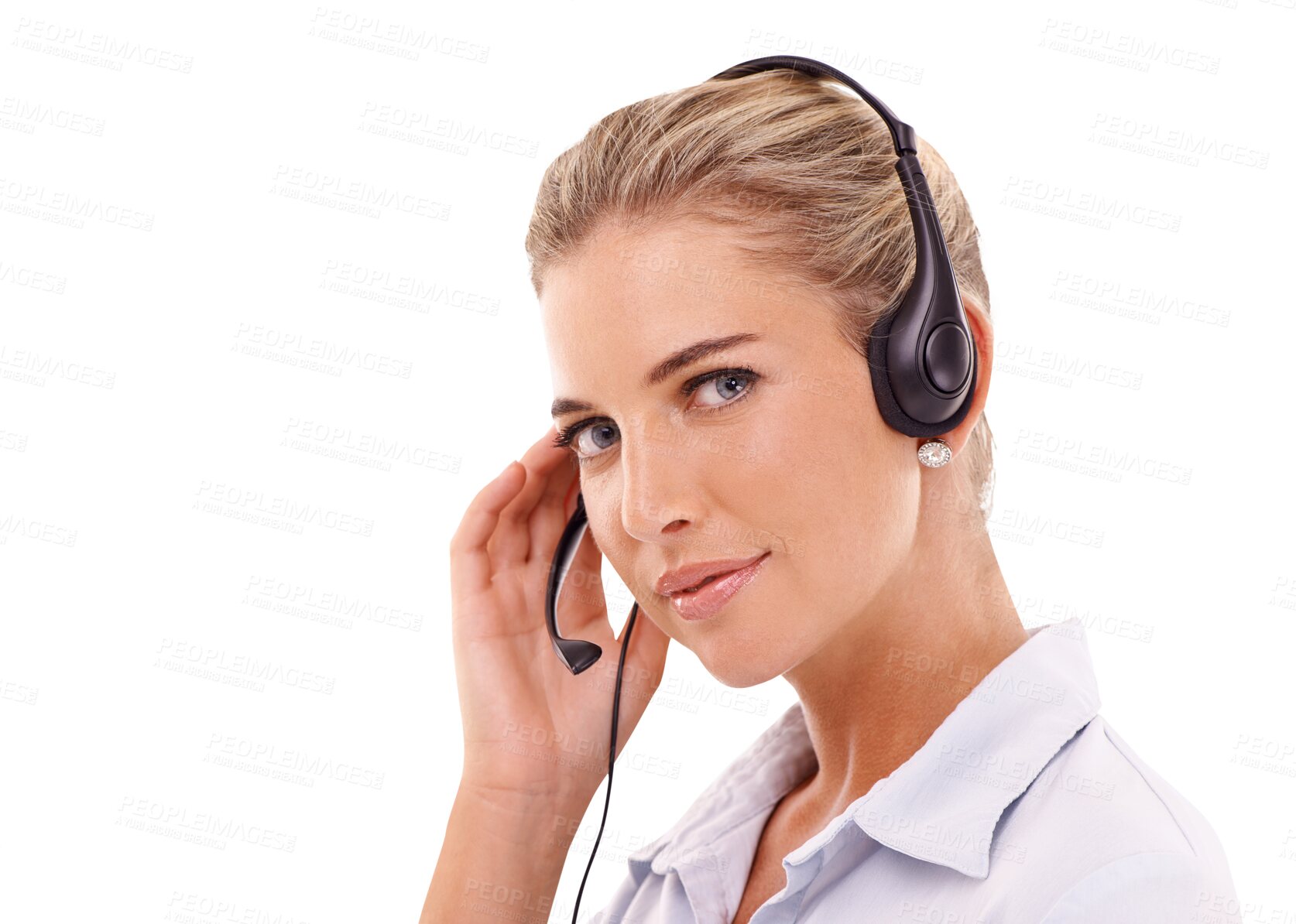 Buy stock photo Call center, face portrait and serious woman in customer service isolated on a transparent png background. Telemarketing, contact us and female person, sales agent or consultant with headphones.