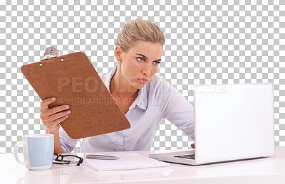 Serious business woman, laptop or clipboard on an isolated, transparent png background for cv review or recruitment. Human resources, hr or worker with technology, paper documents or busy work