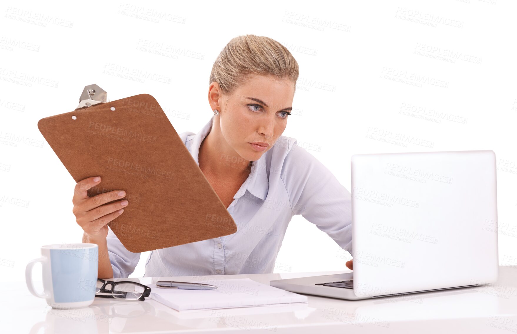 Buy stock photo Laptop, documents and an angry business woman isolated on a transparent background for report or review. Computer, email and checklist with a female employee holding a clipboard for a survey on PNG 