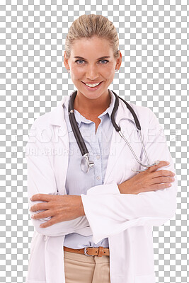 Portrait, doctor and woman with arms crossed on an isolated, transparent png background. Face, healthcare wellness and smile of happy, confident and proud female medical worker from Canada
