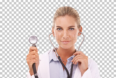 Buy stock photo Doctor, woman in portrait with stethoscope and health with cardiology isolated on transparent png background. Heart surgeon, cardiovascular healthcare and female medical professional with medicine