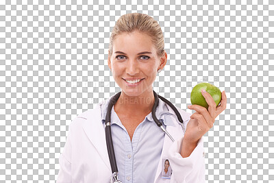 Buy stock photo Doctor, portrait and woman with apple for nutrition, wellness and health isolated on a transparent png background. Happy nutritionist, fruit and advice for healthcare, natural diet and healthy food