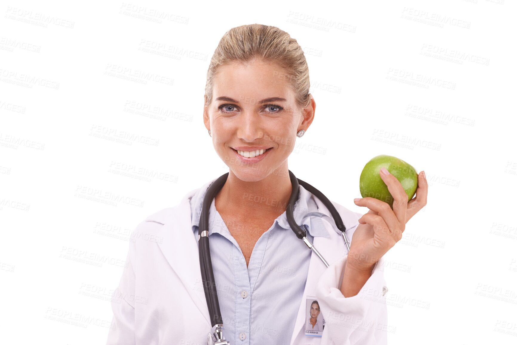 Buy stock photo Doctor, portrait and woman with apple for nutrition, wellness and health isolated on a transparent png background. Happy nutritionist, fruit and advice for healthcare, natural diet and healthy food