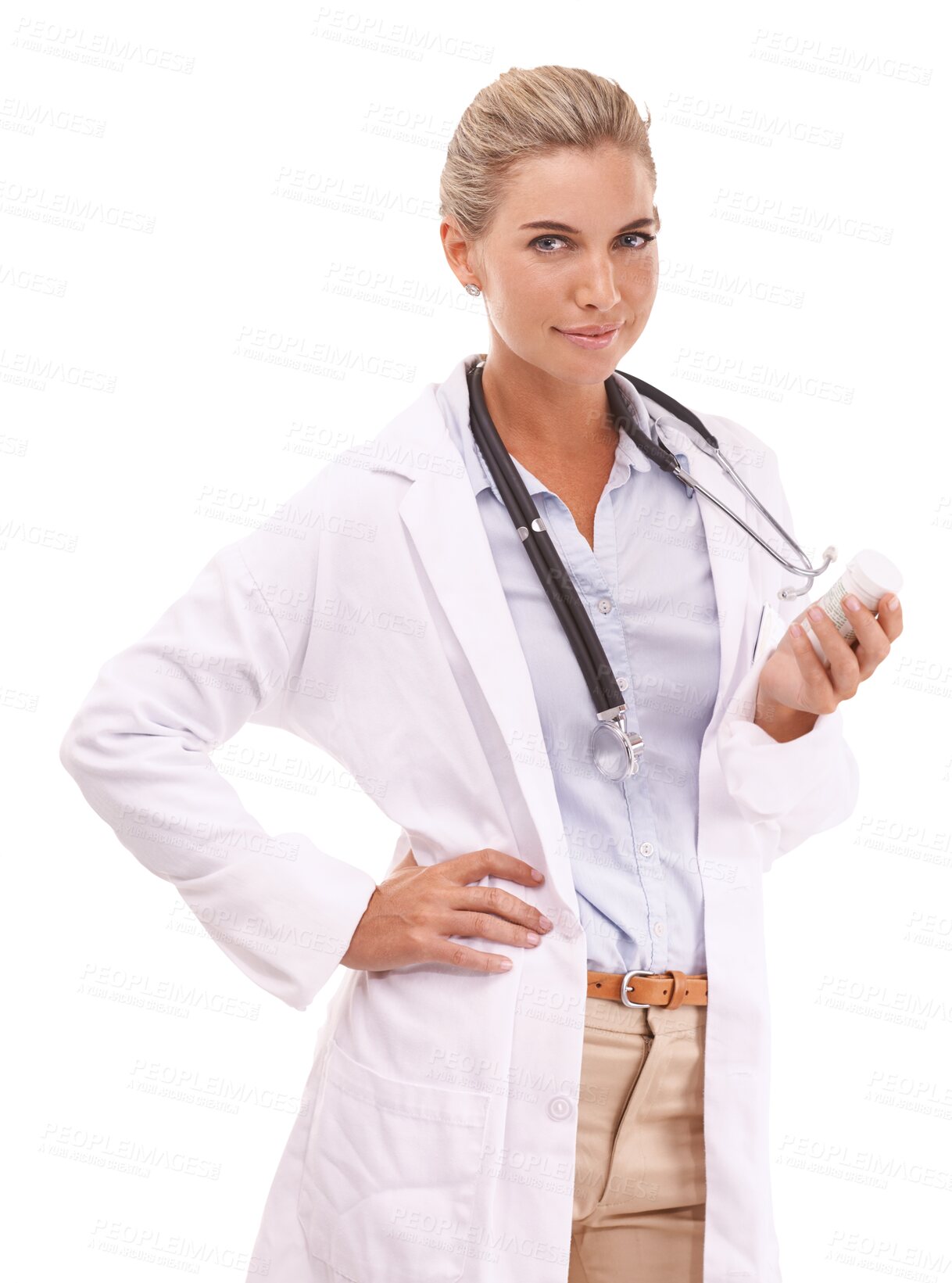 Buy stock photo Portrait, healthcare and pills with a doctor woman isolated on a transparent background for medical treatment. Medicine, tablets or container with a female health professional holding a bottle on PNG