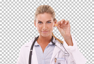 Portrait, pills and healthcare with a doctor woman on an isolated, transparent png background for health or insurance. Medical, tablet and pharmaceutical product with a pharmacist holding medicine