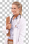 Portrait, healthcare doctor and woman with checklist on an isolated, transparent png background. Face, wellness and professional medical worker with clipboard for research, prescription or schedule